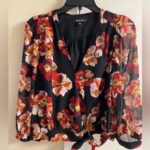 Madewell black floral crossover tie front blouse. Medium